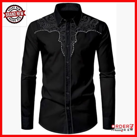 Men's Slim Fit Western Cowboy Shirt Embroidered Button Down Long Sleeve
